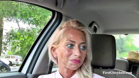 Mature blonde Vanessa in car before first glory hole adventure
