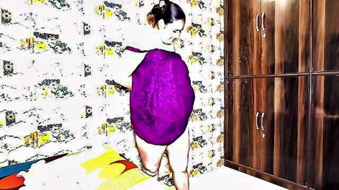 Curvy Indian BBW in purple lingerie showcasing natural big tits and ass