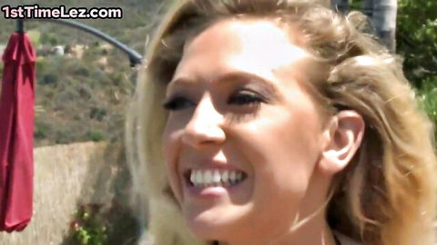 Smiling blonde woman in outdoor lesbian teaser from wet pussy group sex party