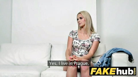Blonde Katy Pearl in floral dress on POV interview in Prague