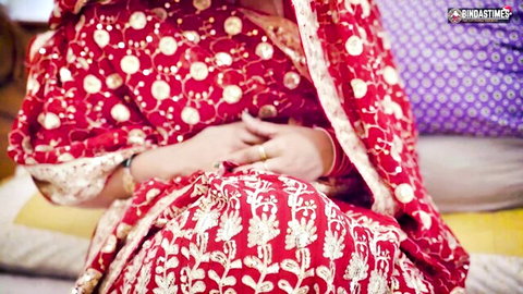 Desi stepmom in red embroidered saree for hot suhaagraat threesome