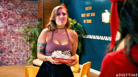 Casey Calvert, Siri Dahl, Electra Rayne in playful diner hot dog threesome tease