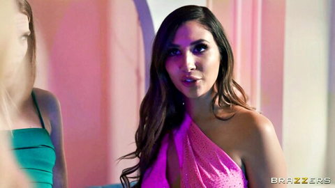 Two brunettes in sexy pink and green dresses tease in Brazzers pussy play