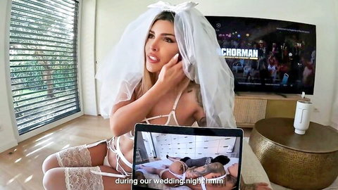 Italian MILF Tami Tsunami in bridal lingerie watches cuckold threesome