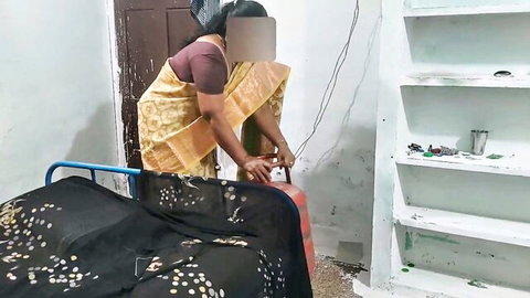 Tamil stepmom in yellow sari bending over for desperate anal close-up