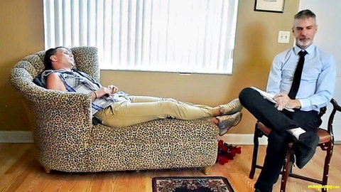 Therapist dominates relaxed woman in intense roleplay, teasing with balled panties