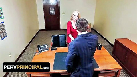 Blonde stepmom in red dress flirts with suited principal in office