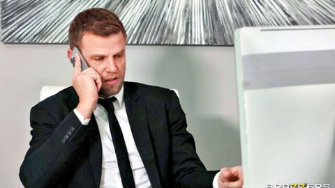 Suited boss on intense phone call in modern office, teasing secretary sex scene