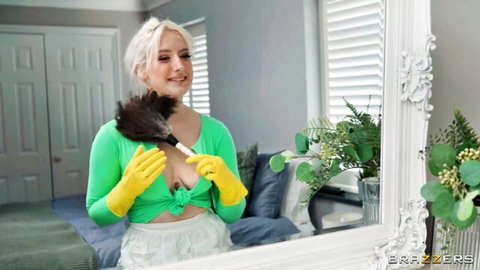 Blonde with creamy skin in sexy green top and gloves teases with feather duster, Brazzers
