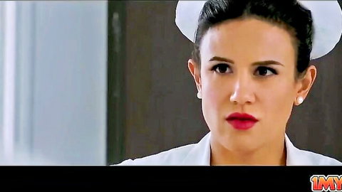 Busty nurse MILF in uniform with red lips, seductive gaze