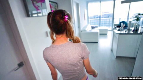 Skinny brunette teen with pink pigtails walks away teasing small ass in pink panties