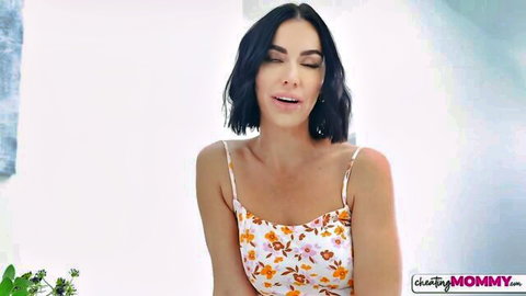 Brunette stepmom in floral sundress shows off stunning cleavage in teasing adult preview