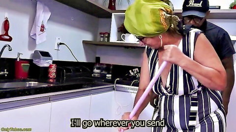 Curvy mature black BBW maid in tight striped romper bends over dusting kitchen as black stud presses behind her big ass