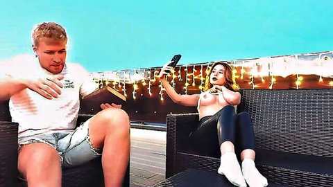 Blonde step-sis topless in leather pants teases step-bro outdoors