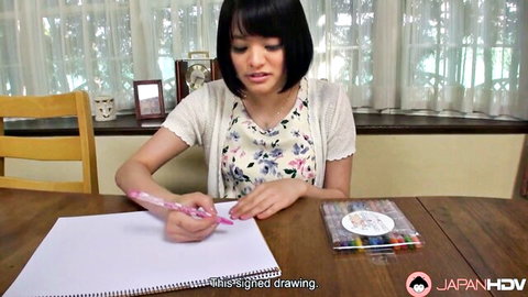 Miku Aoyama, Japanese babe with perfect tits, drawing focused in cardigan