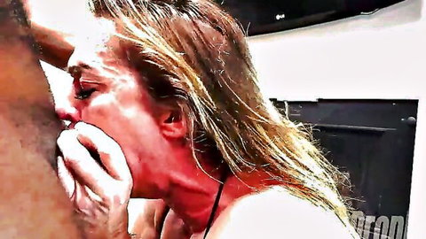 Simone Steele blonde MILF giving intense blowjob to big black cock