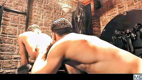 Athletic white gay couple rough doggy style anal fuck in BDSM dungeon