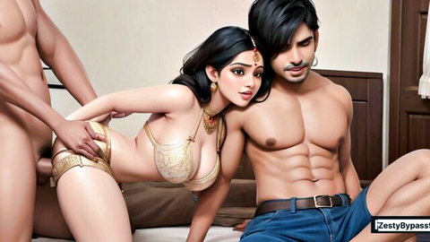 Busty Indian babe in gold bikini groped ass by muscular stud from behind leaning into another hunk