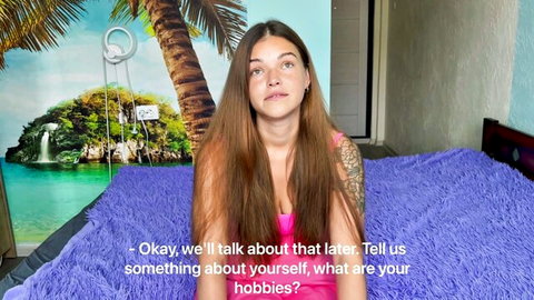 Shy brunette virgin in pink top during casting couch interview