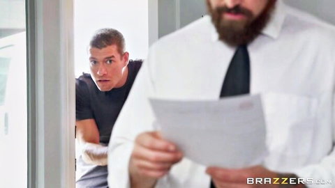 Bridgette B in steamy encounter, surprised muscular man peeks as bearded guy holds papers