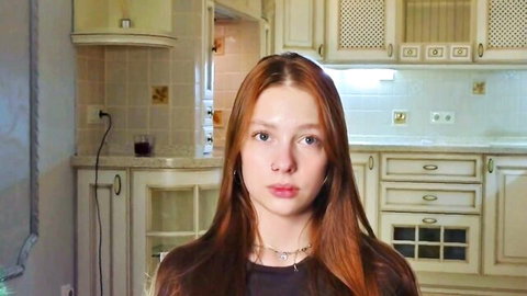 Redhead teen babe in kitchen webcam solo tease with sexy lips and necklace