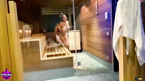 Fitness Maus in steamy sauna lingerie, fit body and big tits tease