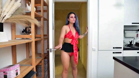 Curvy purple-haired roommate in red lingerie teases doorway