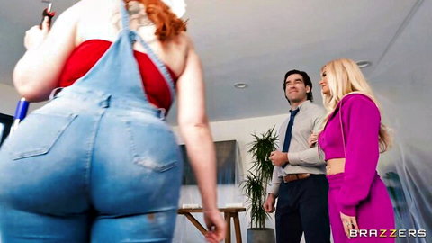 Curvy redhead in tight denim overalls shows off big ass with man and blonde in kinky threesome tease