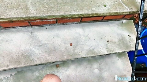 Nicole Doshi in outdoor delivery tease, Asian MILF hand on stairs