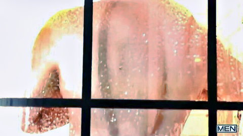 Athletic white guy's nude ass visible through steamy foggy shower glass