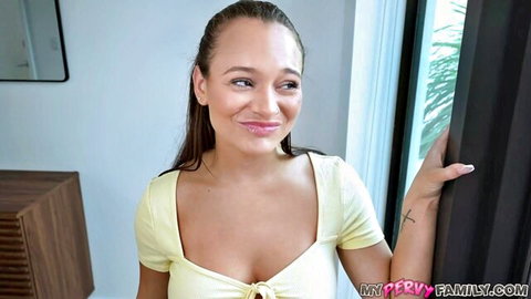 Smiling busty MILF in low-cut yellow top teasing deep cleavage for taboo pervy family fuck