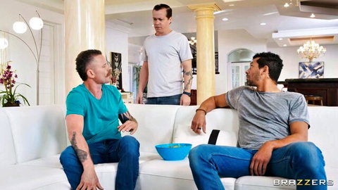 Three muscular clothed men chatting on white couch in luxury living room before steamy threesome fuck
