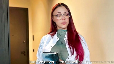 Octokuro redhead in open white shirt, green top, glasses, holding book