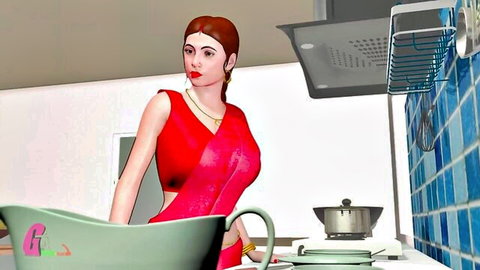Pyasi Bhabhi in red saree, busty Indian beauty in 3D animation