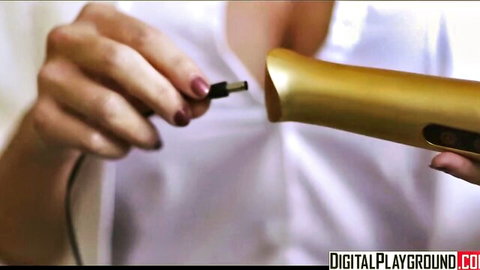 Ebony hands grip golden toy in teasing Digital Playground parody scene