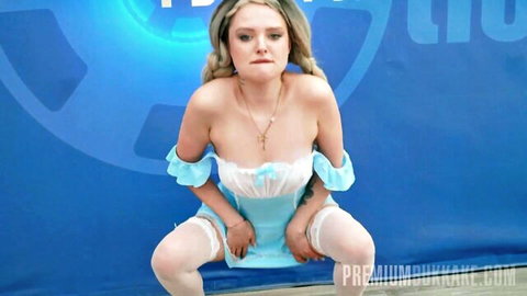 Lilith Liber in sexy blue lingerie dress squatting with white stockings