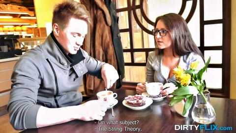 Nerdy brunette teen with glasses chats over tea before passionate solo masturbation