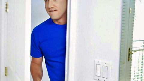 Man peeking through door in blue shirt at Brazzers lesbian debutantes action
