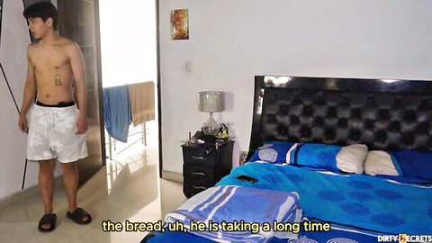 Shirtless Asian stepson in shorts waiting in bedroom for hot stepmom anal action