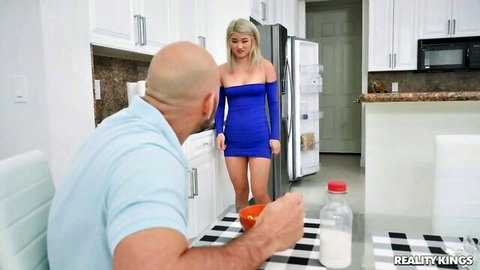 Sofia Su in tight blue mini dress teasing JMac in kitchen