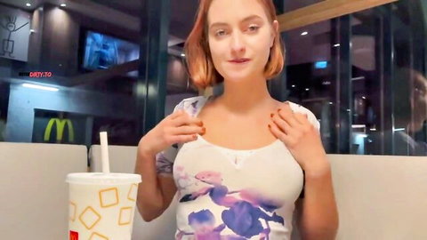 Dolly Dyson redhead tease at McDonald's in floral top with soda