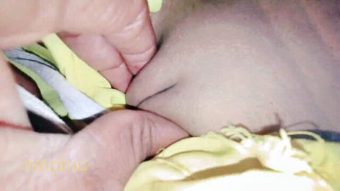 Close-up of tight shaved pussy spread by hands in yellow panties, Arab step-brother action