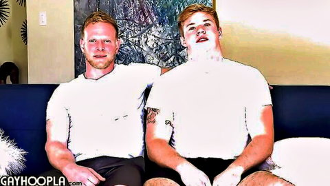 Rick Randolph and Troy Daniel with hot guy, muscular duo in white shirts on couch