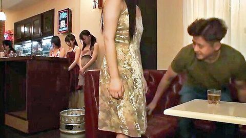 18-year-old Japanese teen in sexy dress at diner, man touching her perfect body