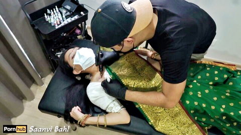 Saanvi Bahl getting intimate tattoo in traditional Indian sari
