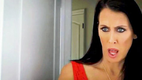 Reagan Foxx in red dress with open mouth, eager for cumshot