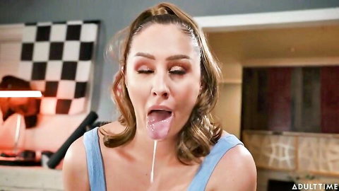 Brunette with open mouth and tongue dripping thick cum down her chin
