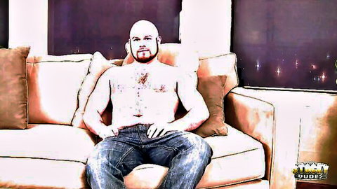 Hayden Tanner shirtless hairy chest tease on couch bisexual adventure