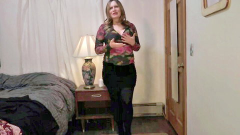 Seductive pregnant MILF with big tits in low-cut blouse, teasing POV style