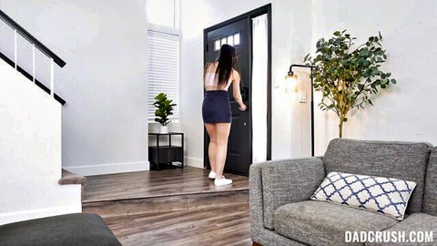 Liz Jordan in mini skirt at door, teasing for hard spanking in 4K POV
